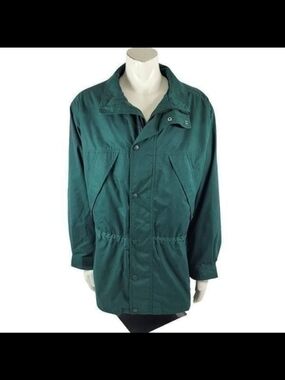 Eddie Bauer mens size large green jacket wool blend flannel lined multi pocket
